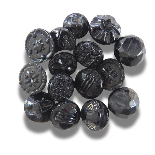 Tiny vintage black glass buttons (approx. 7–9 mm) with shank backs- Ideal for romantic or goth chokers, old-fashioned crafts and more