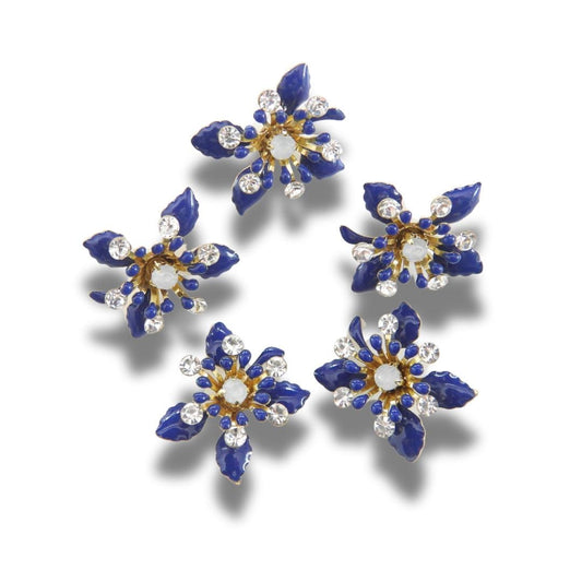 Navy blue flower buttons with rhinestones. Glossy metal finish, Set of 5, 20 mm, handmade, with shank back—perfect for sewing and decorating