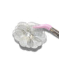 Oversized 40 mm flower button with silver petals, grey and pink floral center, shank back. Lightweight and perfect for sewing or crafts