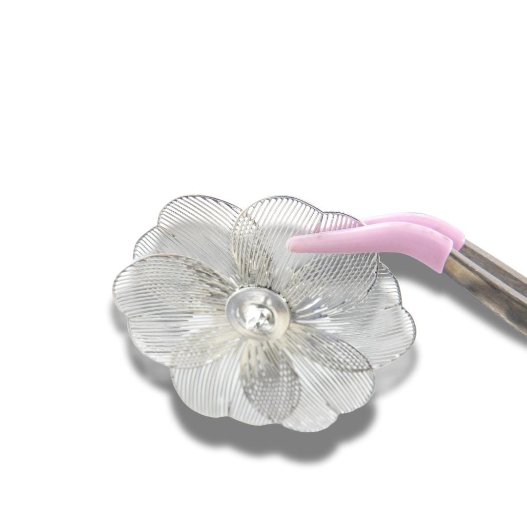 Oversized 40 mm flower button with silver petals, grey and pink floral center, shank back. Lightweight and perfect for sewing or crafts