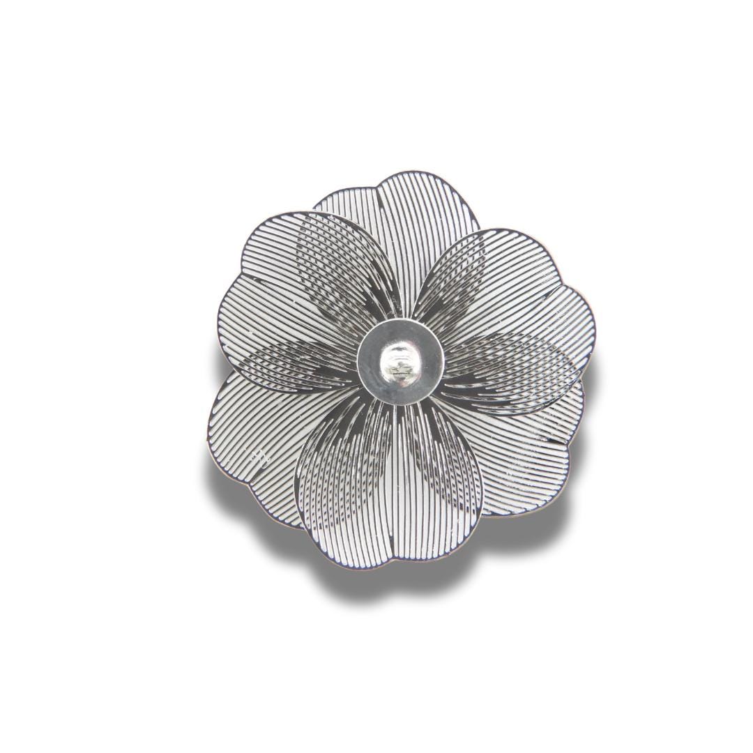 Oversized 40 mm flower button with silver petals, grey and pink floral center, shank back. Lightweight and perfect for sewing or crafts