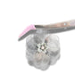 Oversized 40 mm flower button with silver petals, grey and pink floral center, shank back. Lightweight and perfect for sewing or crafts