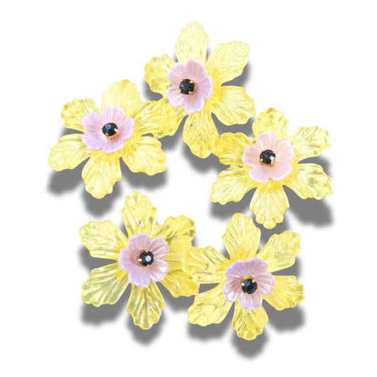 Set of 5 Fancy Flower Buttons in Purple & Lemon Yellow – 30 mm