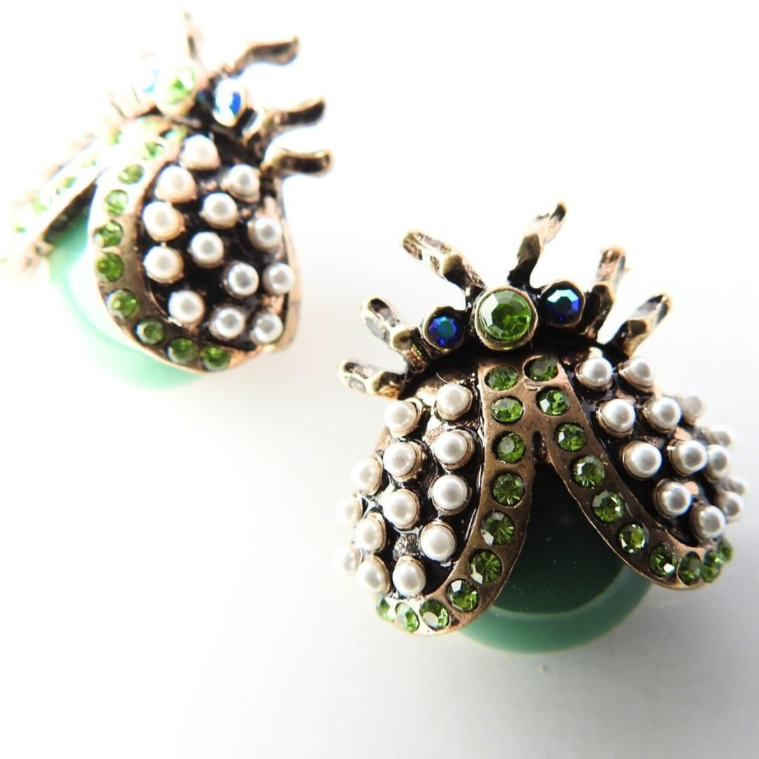 One-of-a-Kind bug-shaped high-quality buttons with shank. For sewing, a set of 2, 20 mm. Green-colored ladybird with pearls and rhinestones.