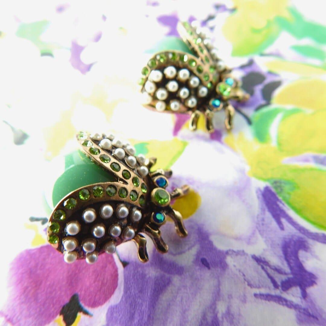 One-of-a-Kind bug-shaped high-quality buttons with shank. For sewing, a set of 2, 20 mm. Green-colored ladybird with pearls and rhinestones.