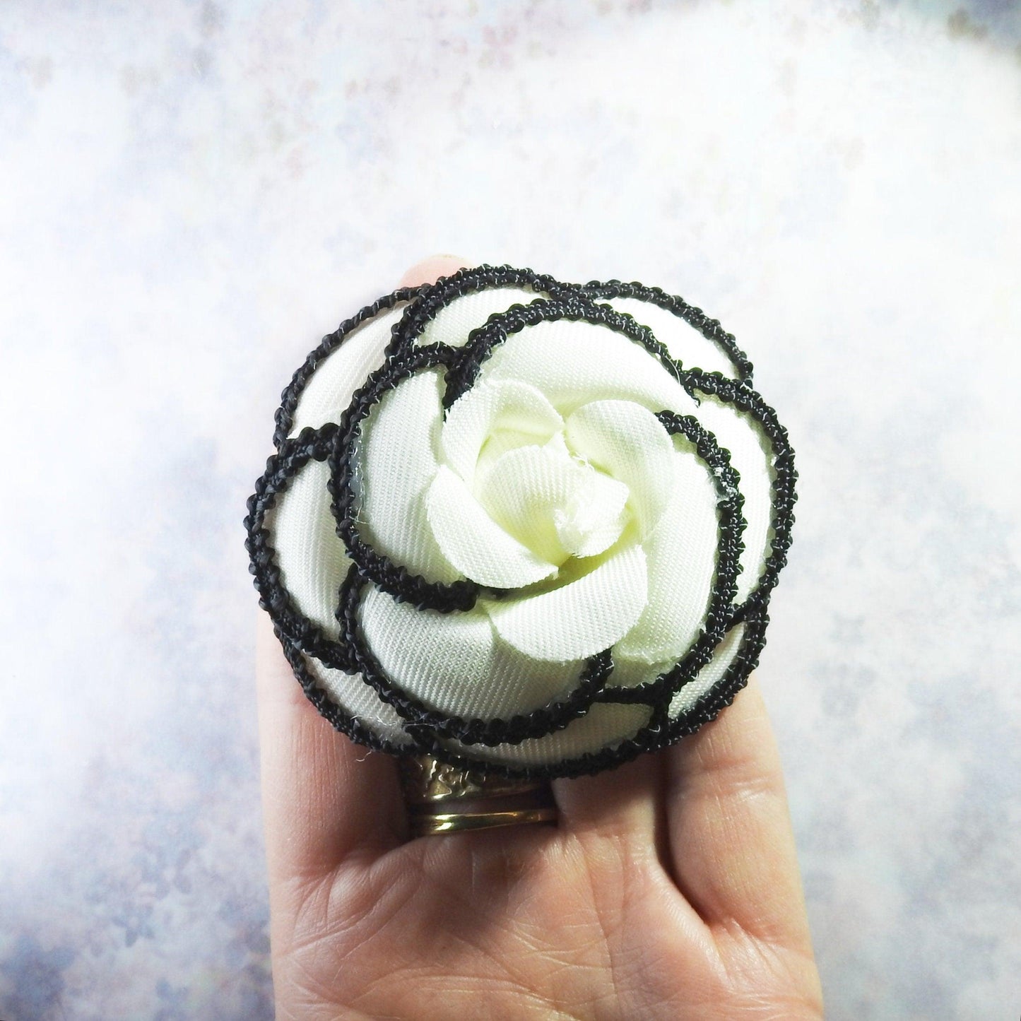 One flower camelia CC buttons made from white black elegant fabric, for making home decor arrangements, french chic floral wedding bouquet