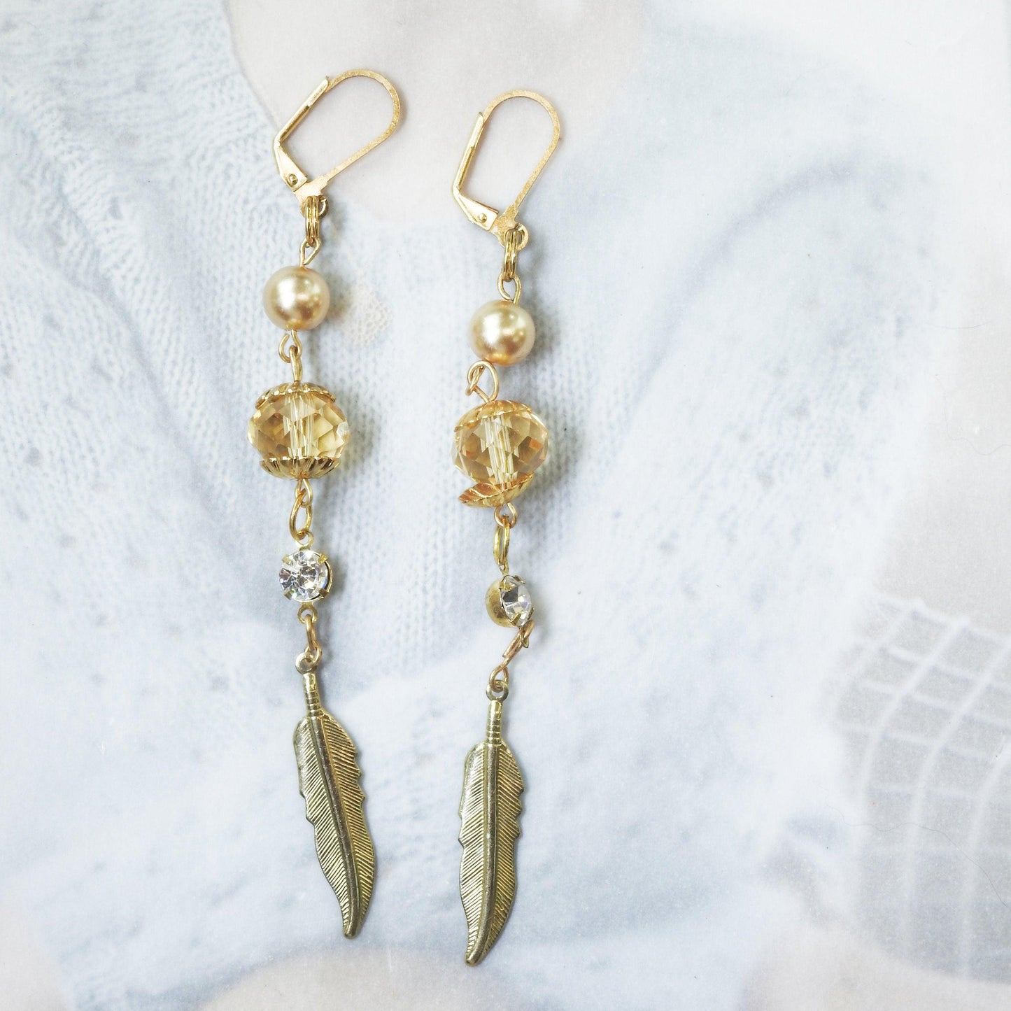 Extra long feather earrings dangle, handmade with beads and rhinestones, for birthday gift. They are fancy, trendy, boho and beautiful