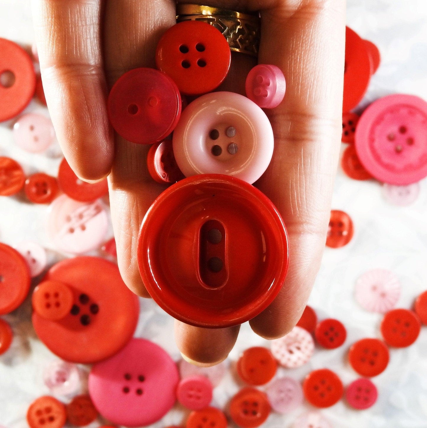 Mixed lot of pink light buttons, red sewing buttons in many styles and colors for button bouquet, headband, hair accessories embellishments