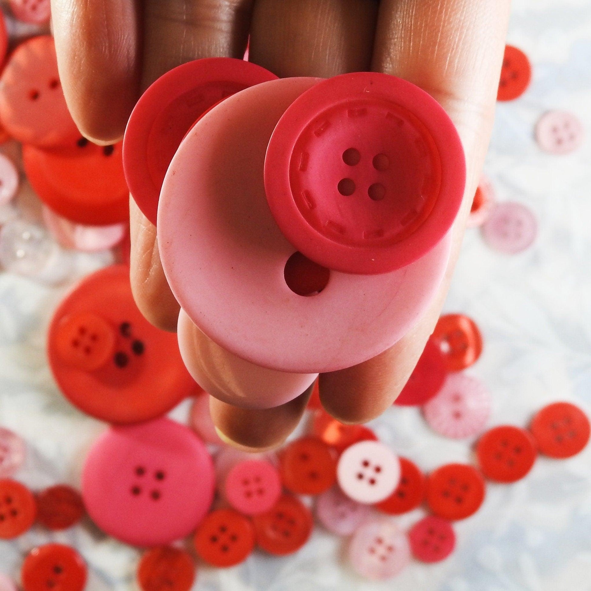 Mixed lot of pink light buttons, red sewing buttons in many styles and colors for button bouquet, headband, hair accessories embellishments