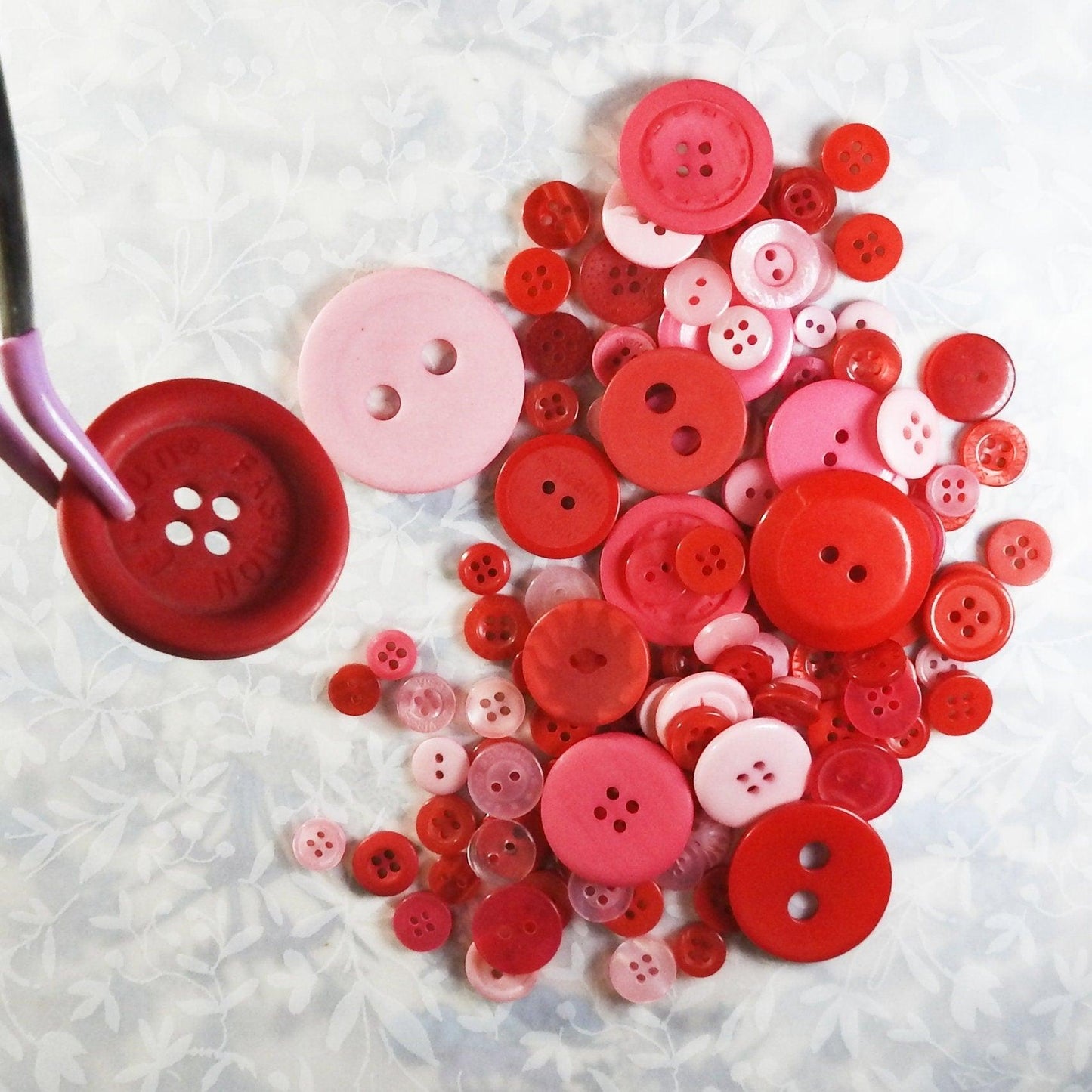 Mixed lot of pink light buttons, red sewing buttons in many styles and colors for button bouquet, headband, hair accessories embellishments