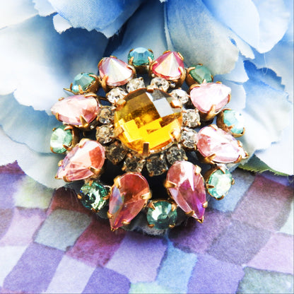 Pink and green crystal brooch