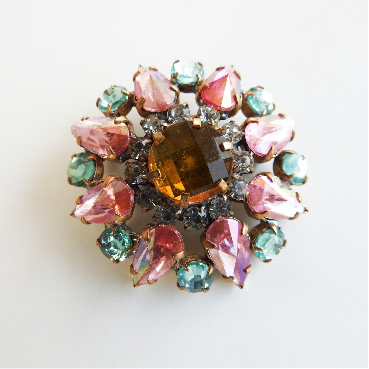 pink green crystal brooch