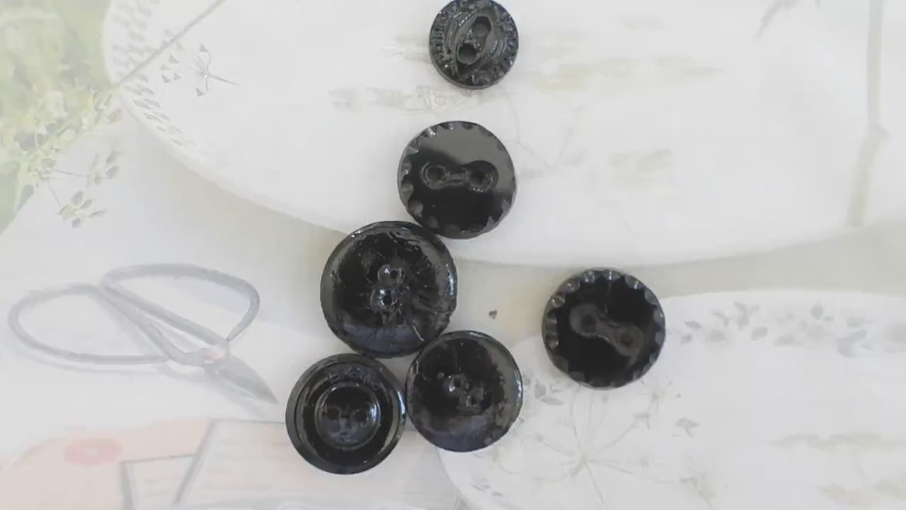 Set of 7 antique Victorian black glass buttons for sewing - 2-hole