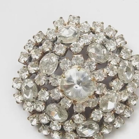 Vintage Rhinestone Glass Brooch - 50mm Large Round Diamanté Pin - Antique Diamond crystals Design - Perfect for Scarves