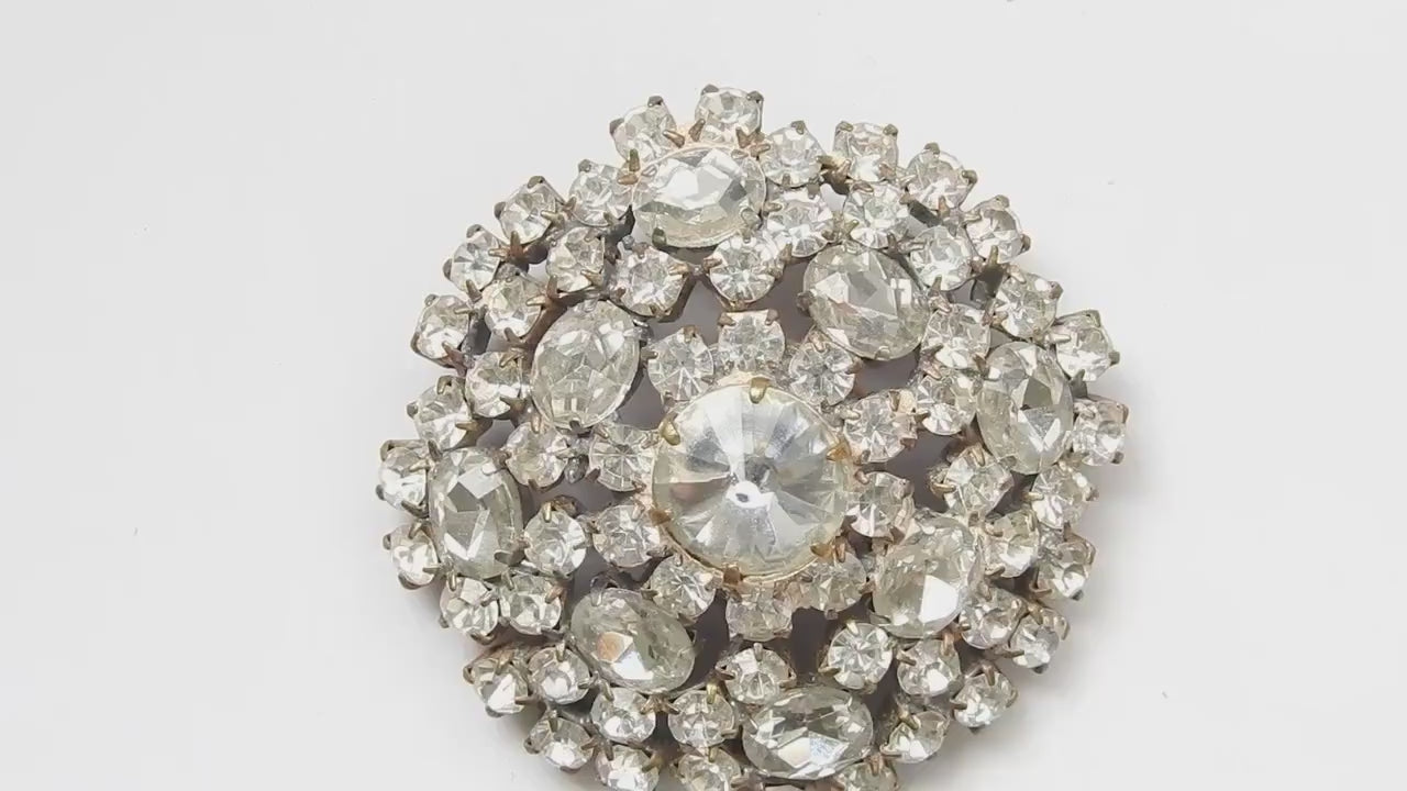 Vintage Rhinestone Glass Brooch - 50mm Large Round Diamanté Pin - Antique Diamond crystals Design - Perfect for Scarves