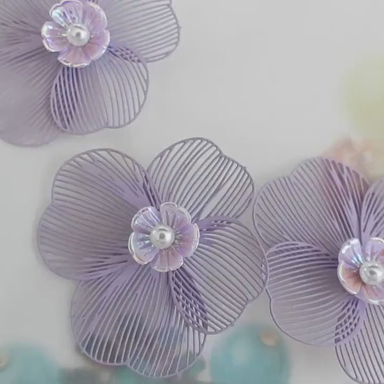 Set of 3 handmade flower buttons with purple petals and pearl centers. Lightweight and perfect for crafts