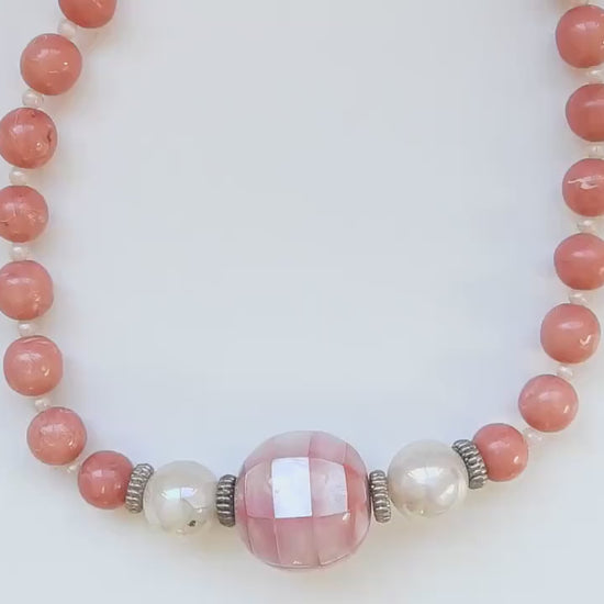 Pink beaded necklace for women - gifts for vintage fashion lovers - statement piece jewelry - Big choker  style jewellery with pearl