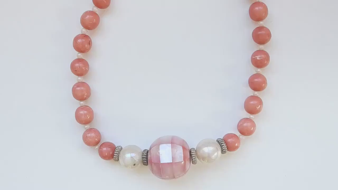 Pink beaded necklace for women - gifts for vintage fashion lovers - statement piece jewelry - Big choker  style jewellery with pearl