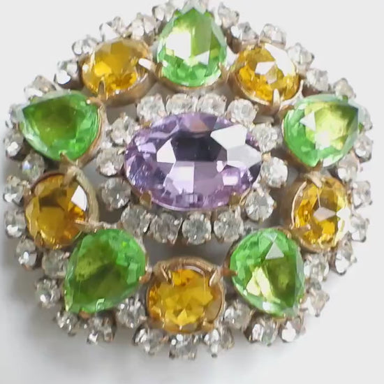 Large Czech glass brooch jewelry - Unique purple emerald green brooch - Czecho Crystal Jewel Broach - 60th birthday grandma gift jewellery