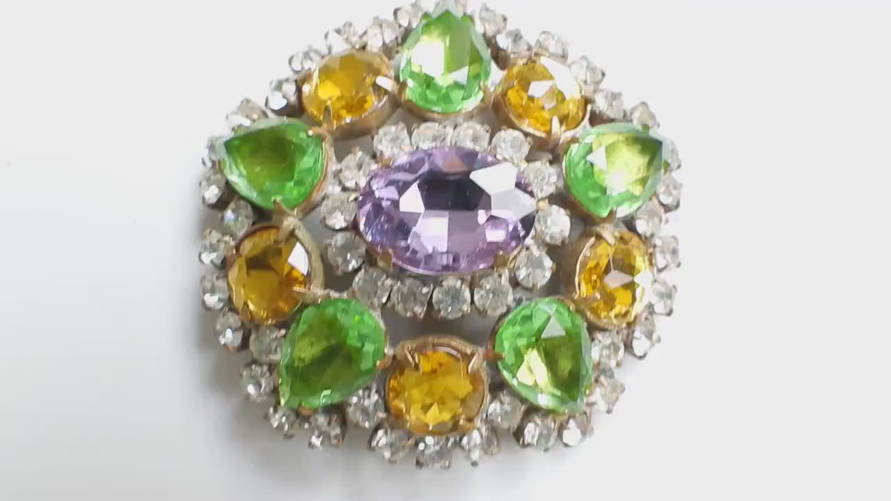 Large Czech glass brooch jewelry - Unique purple emerald green brooch - Czecho Crystal Jewel Broach - 60th birthday grandma gift jewellery