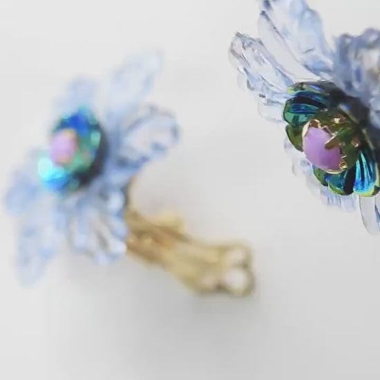 Light Blue Flower Clip on earrings for women - Colorful floral Earrings - Jewelry gift for mom