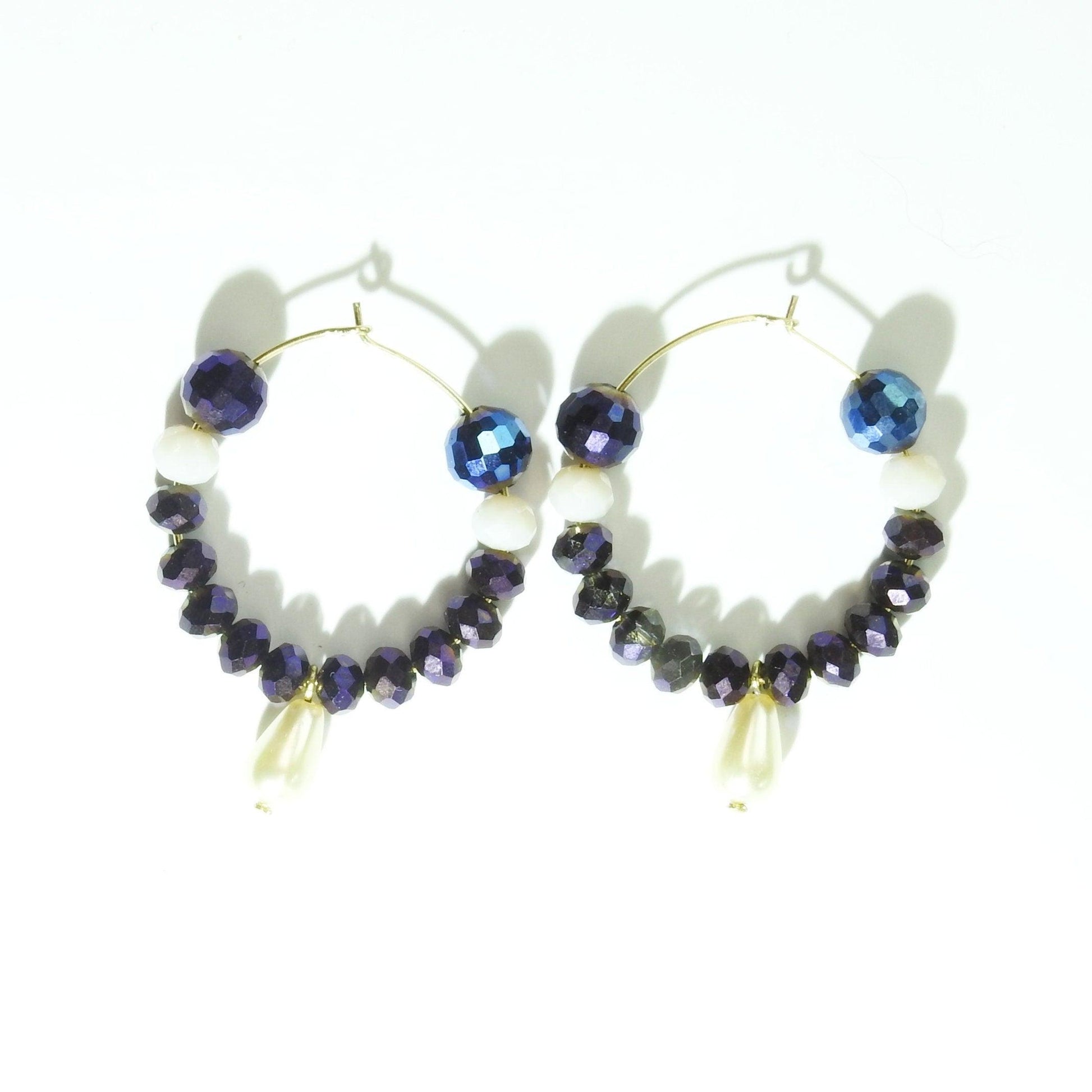 Purple glass bead earrings hoop with eye-catching dark blue, aubergine colored, and white faceted Austria glass beads. 30 mm