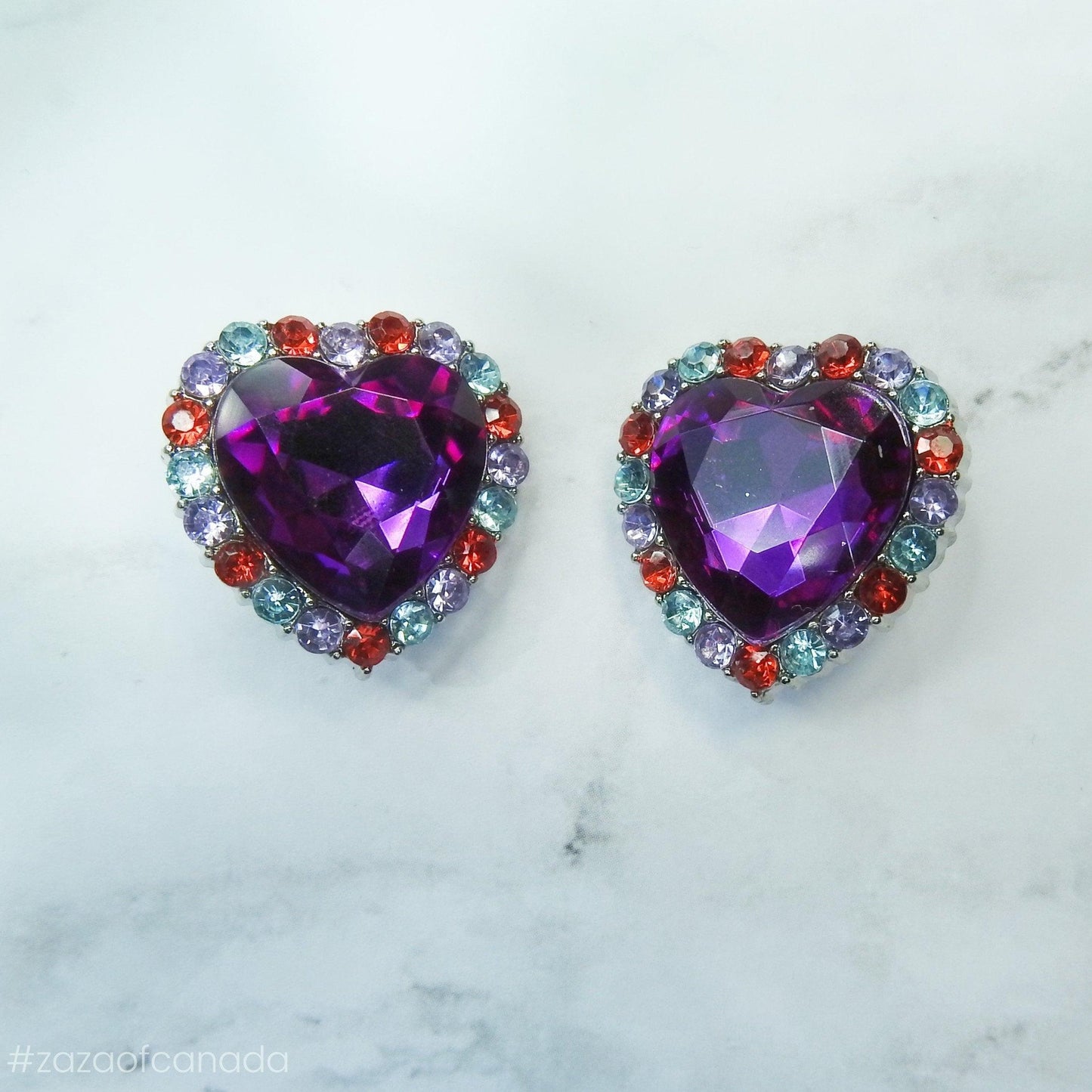 Rhinestone buttons purple heart, large and eye-catching - 30 mm - Lot of 2