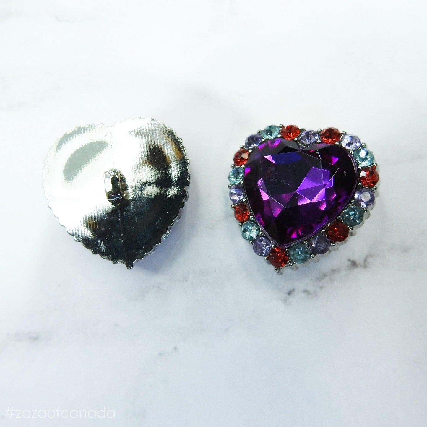 Rhinestone buttons purple heart, large and eye-catching - 30 mm - Lot of 2