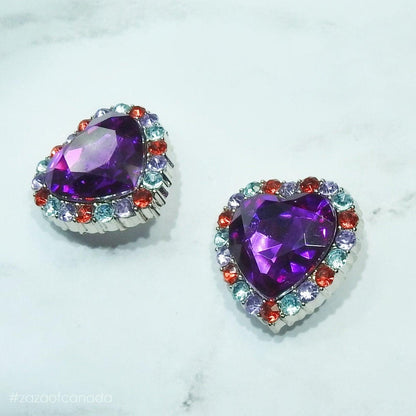 Rhinestone buttons purple heart, large and eye-catching - 30 mm - Lot of 2