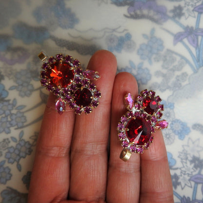 Rhinestone charms for earrings and bracelet, red jewelry findings for unique DIY jewelry projects, Shiny bohemian charm | Lot of 2, 35x25 mm