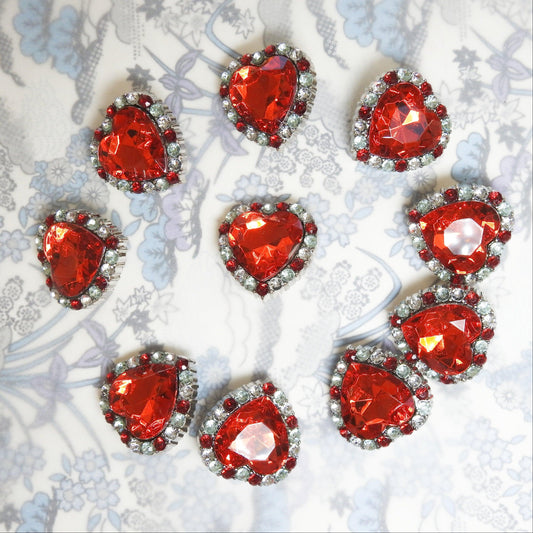 Heart Rhinestone Buttons 20pcs Large Sew on Heart Rhinestones  Embellishments Flatback for Crafts Wedding Clothing Jewelry Making,Red