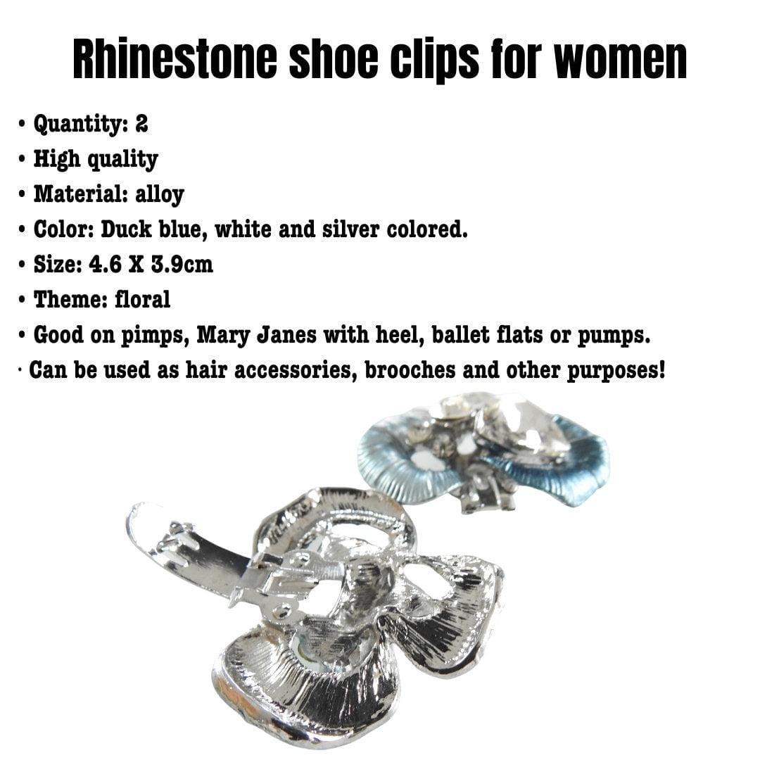 Pair of shoe clips for a wedding. Duck blue shoe embellishments with large rhinestones crystal stones. Shiny shoe clips for pumps.