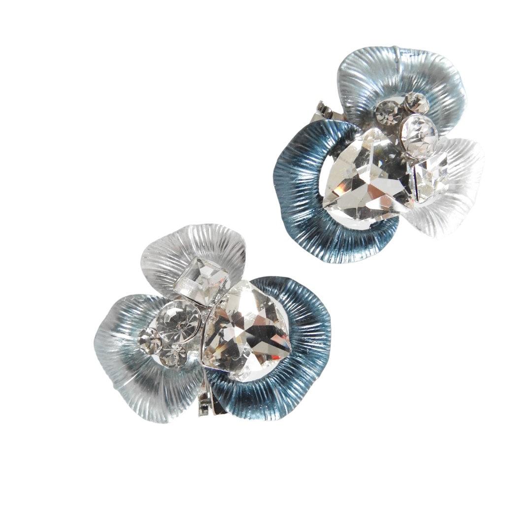 Pair of shoe clips for a wedding. Duck blue shoe embellishments with large rhinestones crystal stones. Shiny shoe clips for pumps.