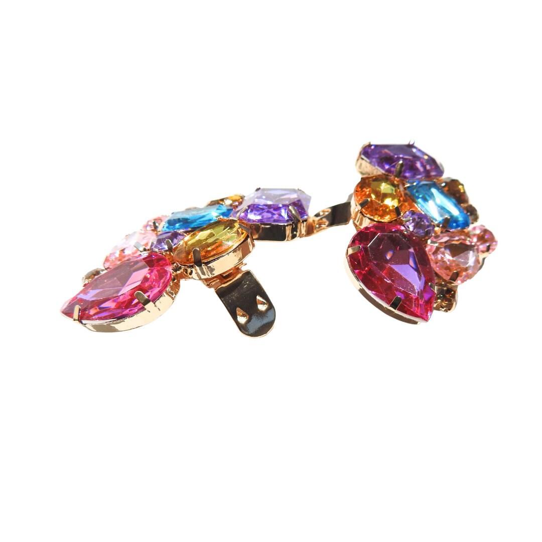 Detachable shoe clips with rhinestone crystal stones, for women. Good as a brooch or buckle and belts decorations. Fast Shipping. Pair 60 mm