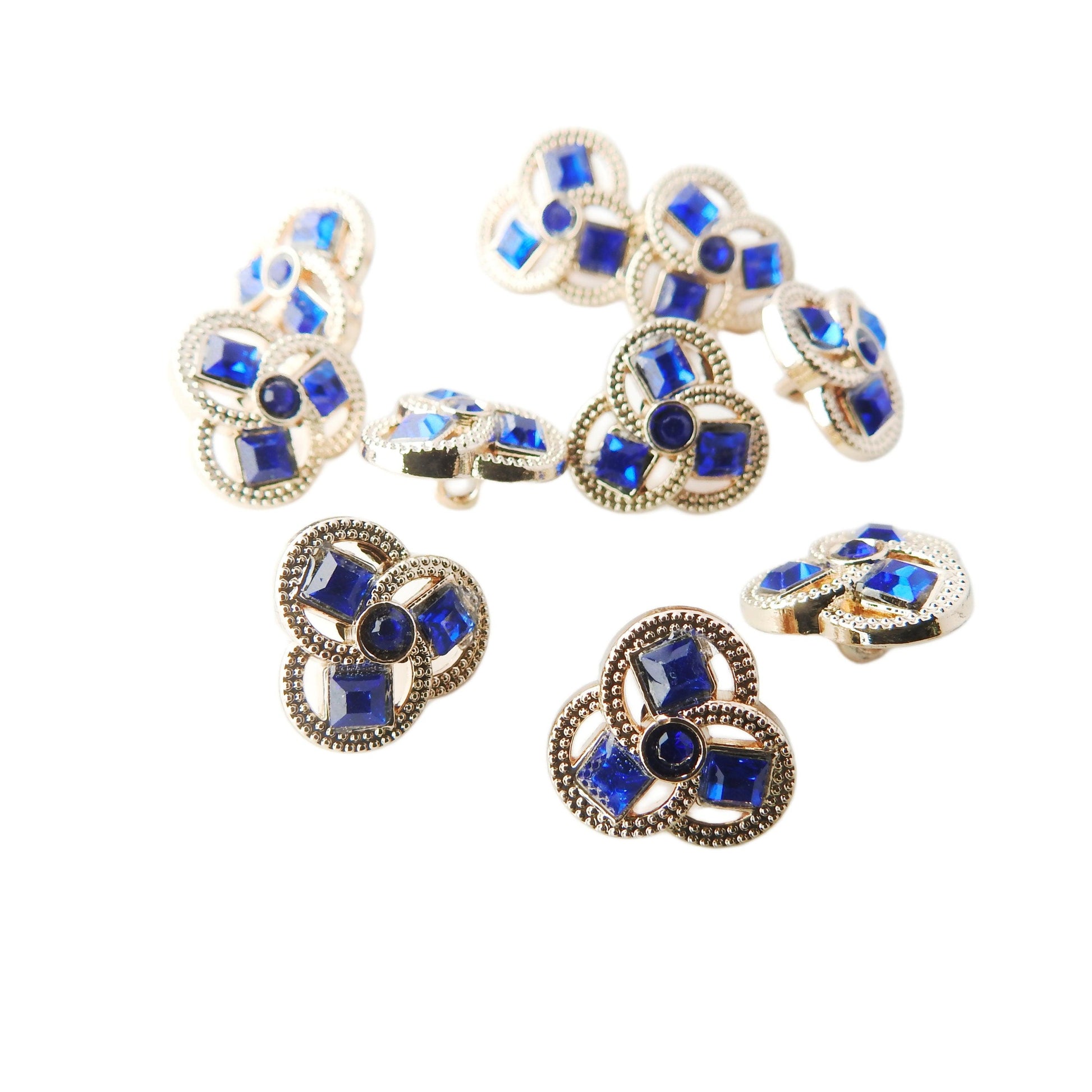 Blue rhinestone buttons with shank. 13 mm. For sewing on a headband, a dress, a blouse, shirt or bling accessories. 10 small crystal buttons