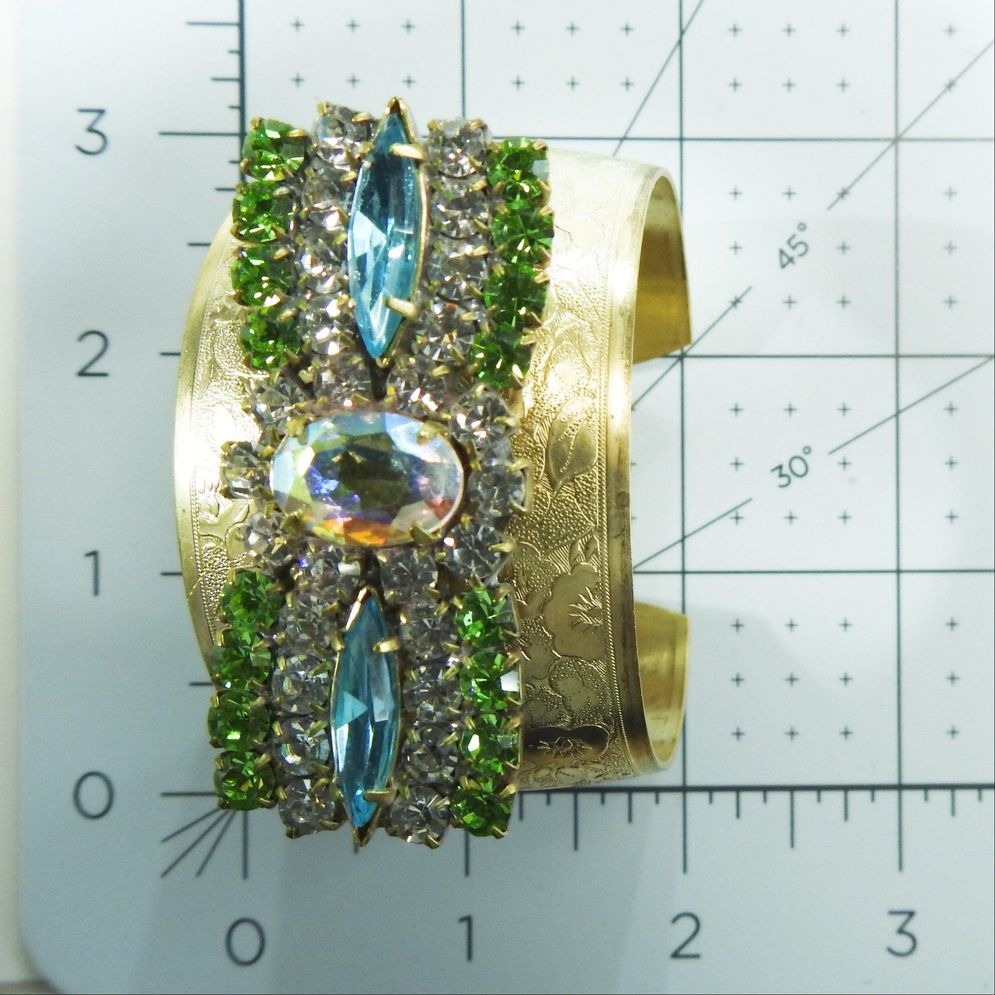 Stylish crystal wide cuff bracelet, unique bow bracelet, Gold color, blue and green rhinestone bracelet