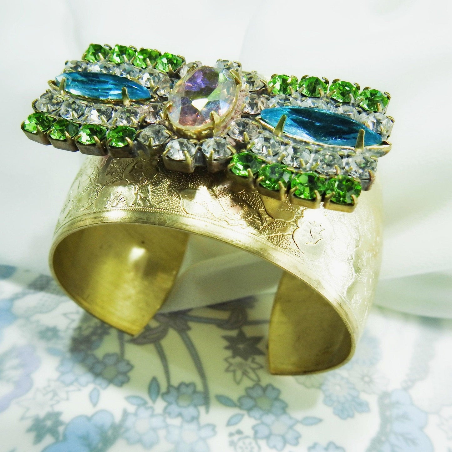 Stylish crystal wide cuff bracelet, unique bow bracelet, Gold color, blue and green rhinestone bracelet