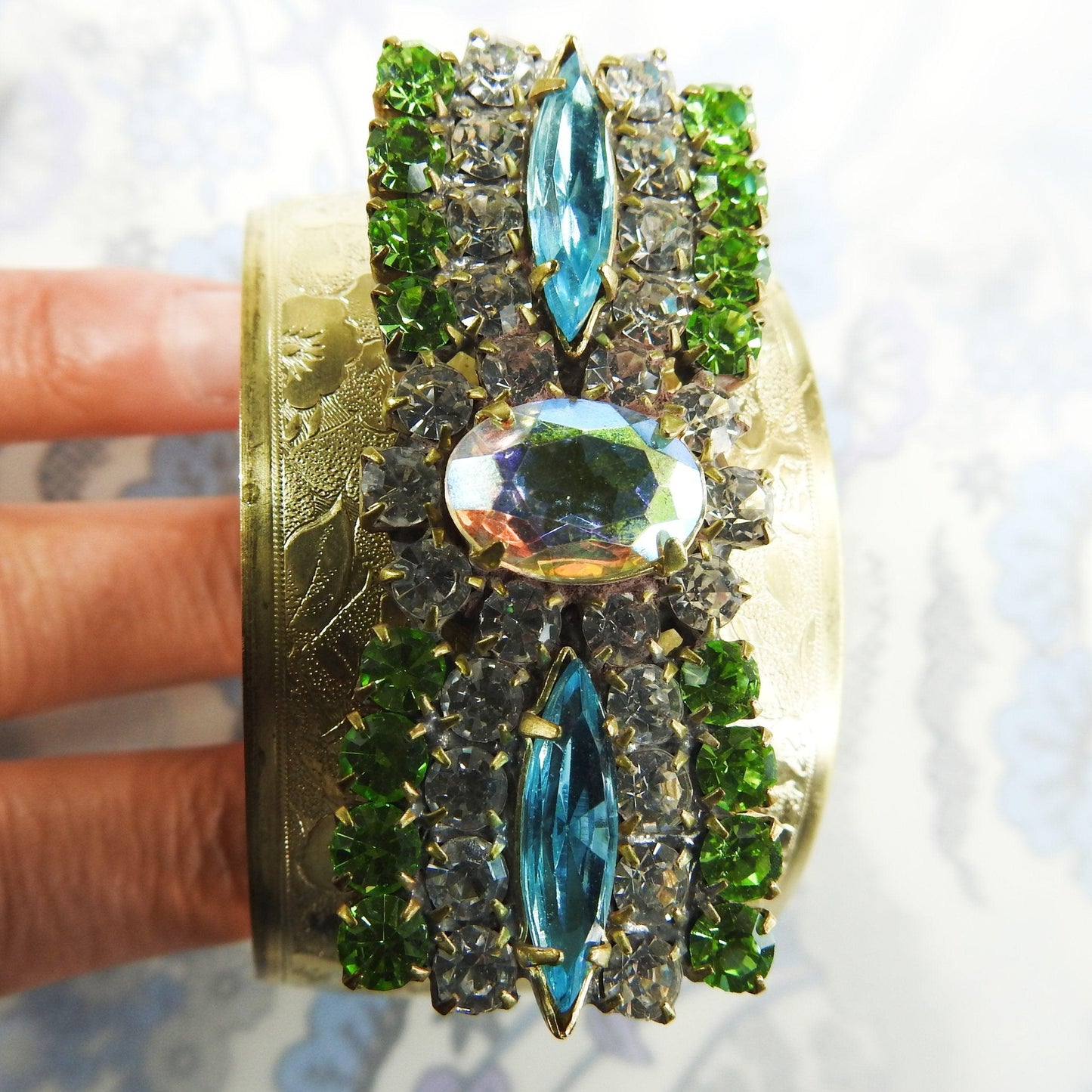 Stylish crystal wide cuff bracelet, unique bow bracelet, Gold color, blue and green rhinestone bracelet