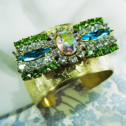 Stylish crystal wide cuff bracelet, unique bow bracelet, Gold color, blue and green rhinestone bracelet