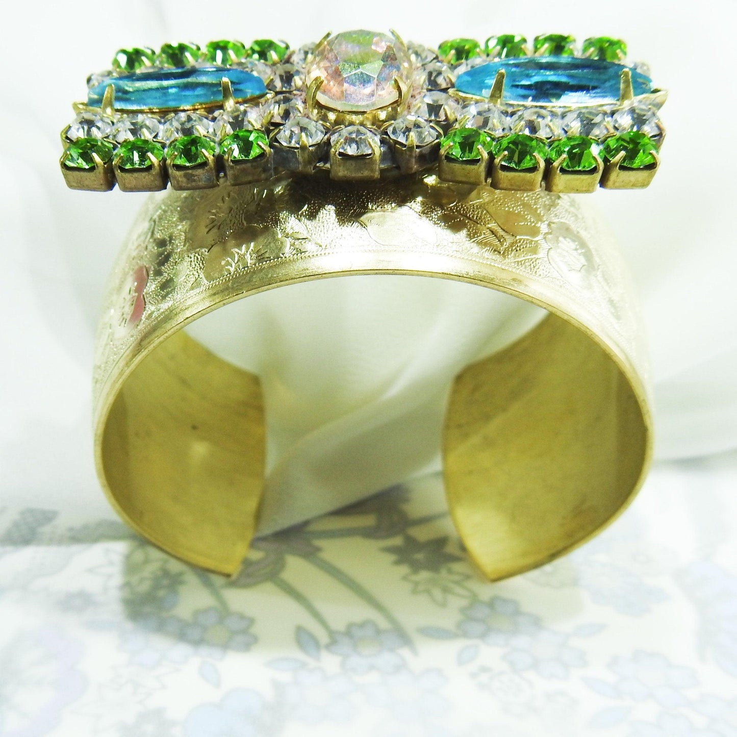 Stylish crystal wide cuff bracelet, unique bow bracelet, Gold color, blue and green rhinestone bracelet