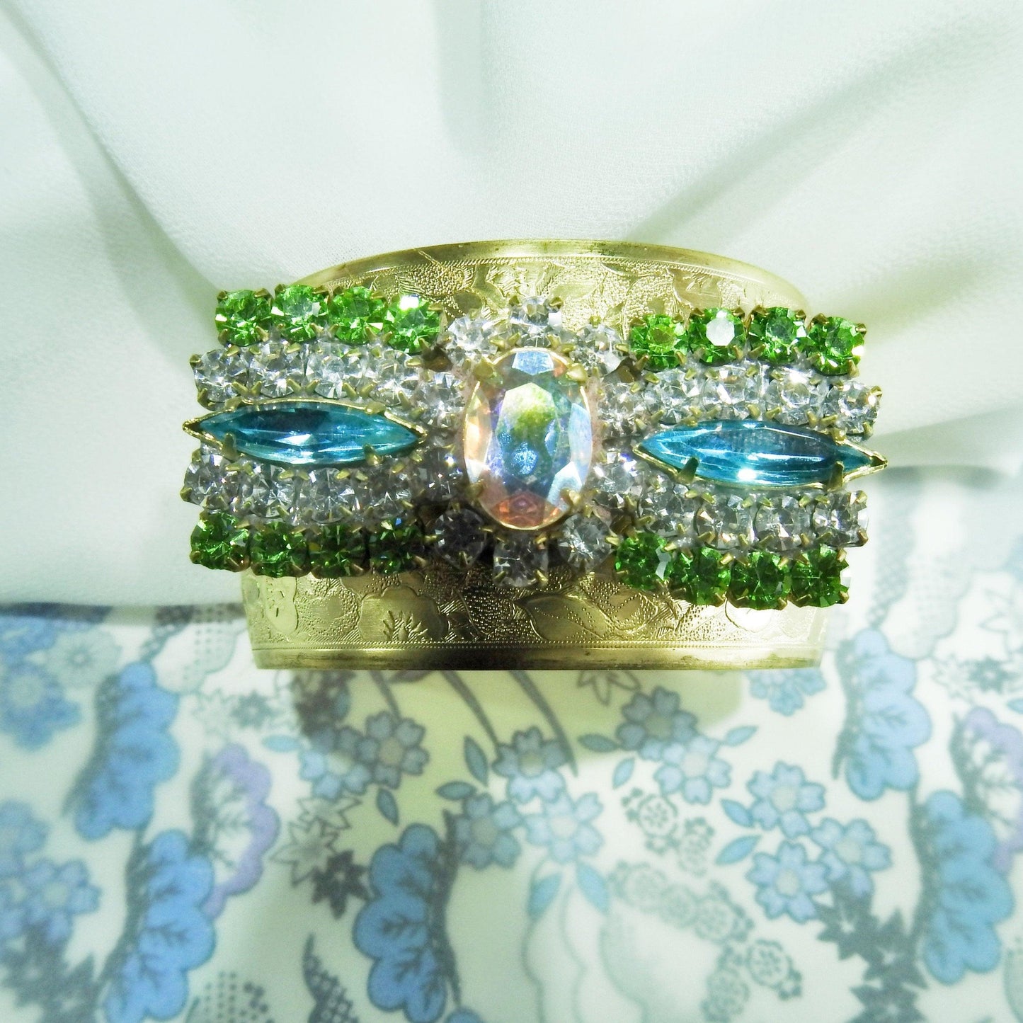 Stylish crystal wide cuff bracelet, unique bow bracelet, Gold color, blue and green rhinestone bracelet