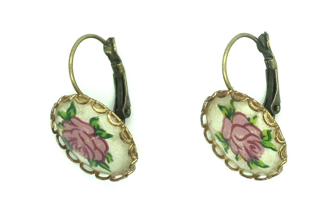 Vintage leverback drop earrings, flower leverback earrings, pink rose dangle earrings, One-of-a-Kind jewelry gift, old fashion earrings pink