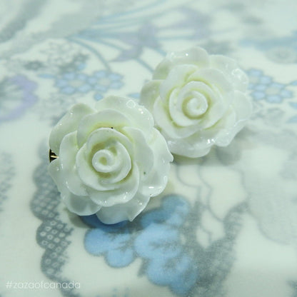 Vintage style white clip on earrings, flower earrings for non pierced ears