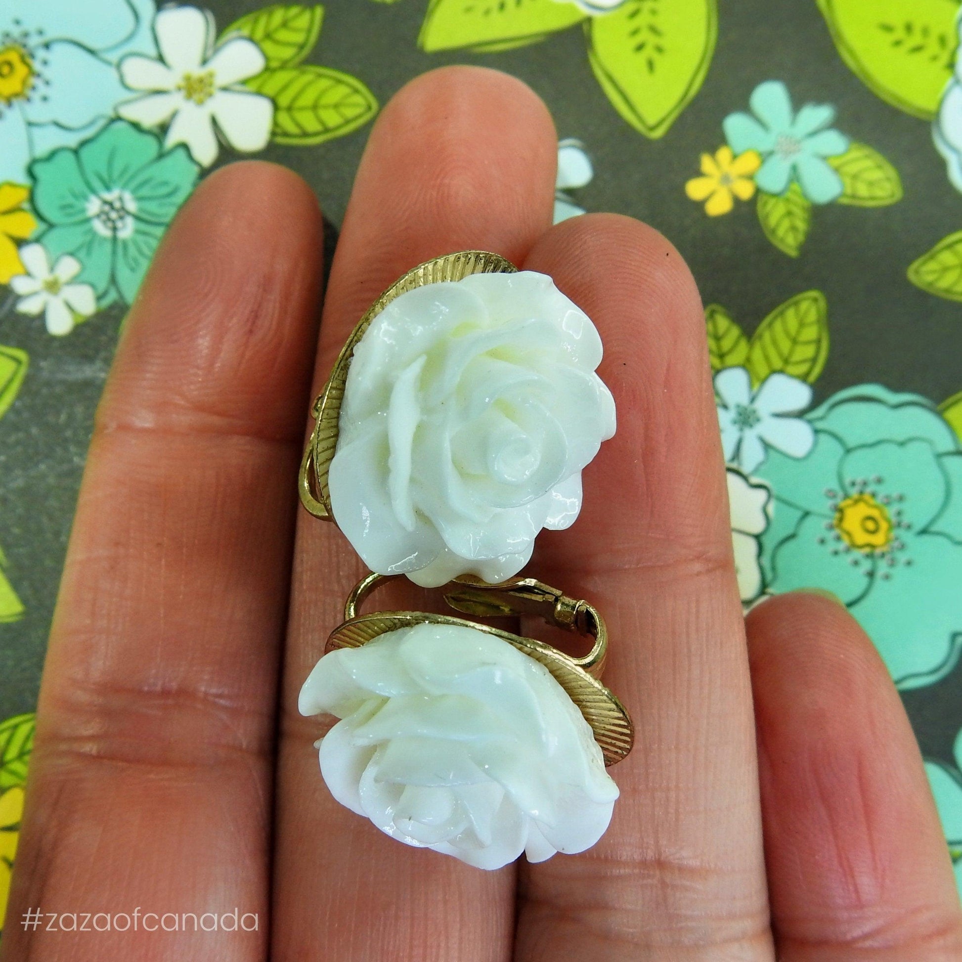 Vintage style white clip on earrings, flower earrings for non pierced ears