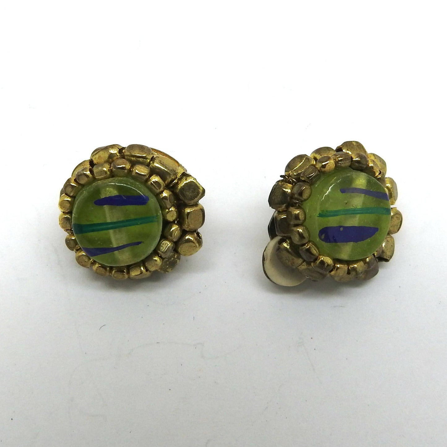 Vintage green blue clip on earrings. Trendy and unique women's round clips. Retro stylish accessories. Timeless one of the kind rare finds