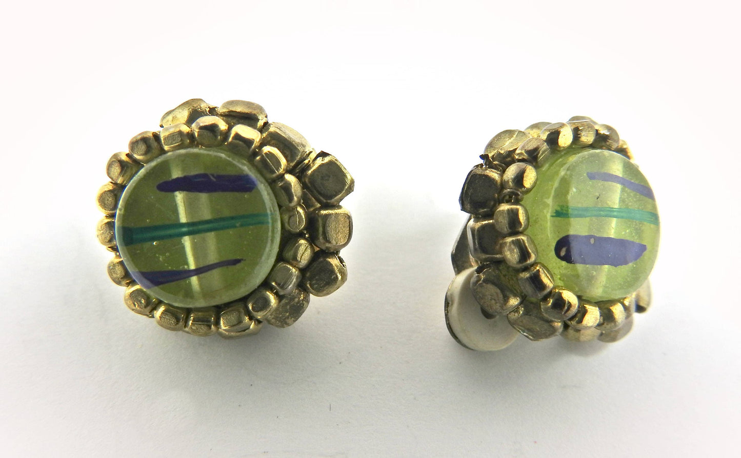 Vintage green blue clip on earrings. Trendy and unique women's round clips. Retro stylish accessories. Timeless one of the kind rare finds