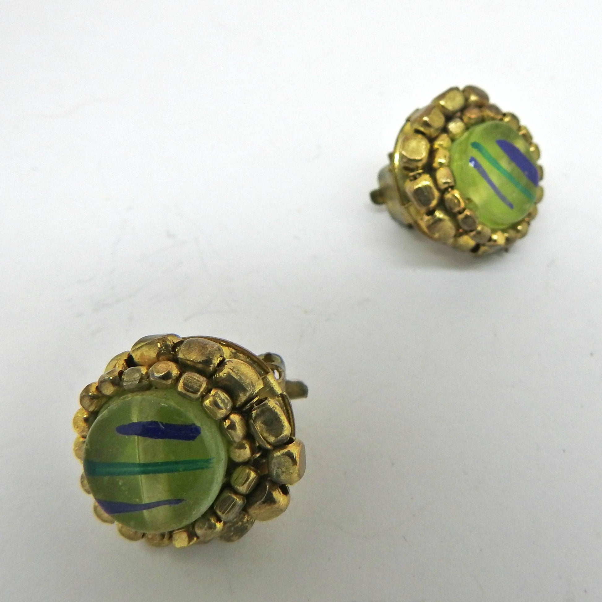 Vintage green blue clip on earrings. Trendy and unique women's round clips. Retro stylish accessories. Timeless one of the kind rare finds