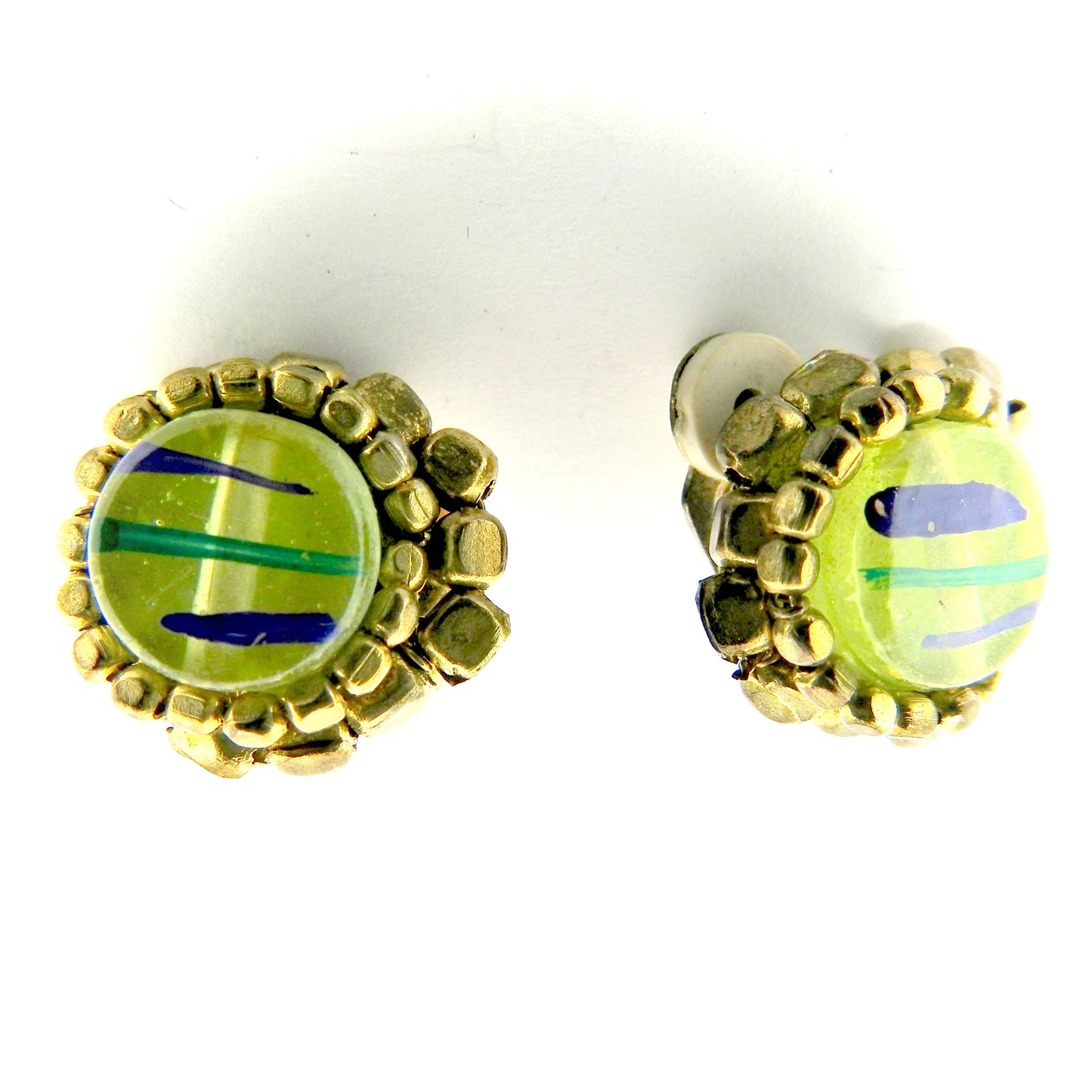 Vintage green blue clip on earrings. Trendy and unique women's round clips. Retro stylish accessories. Timeless one of the kind rare finds