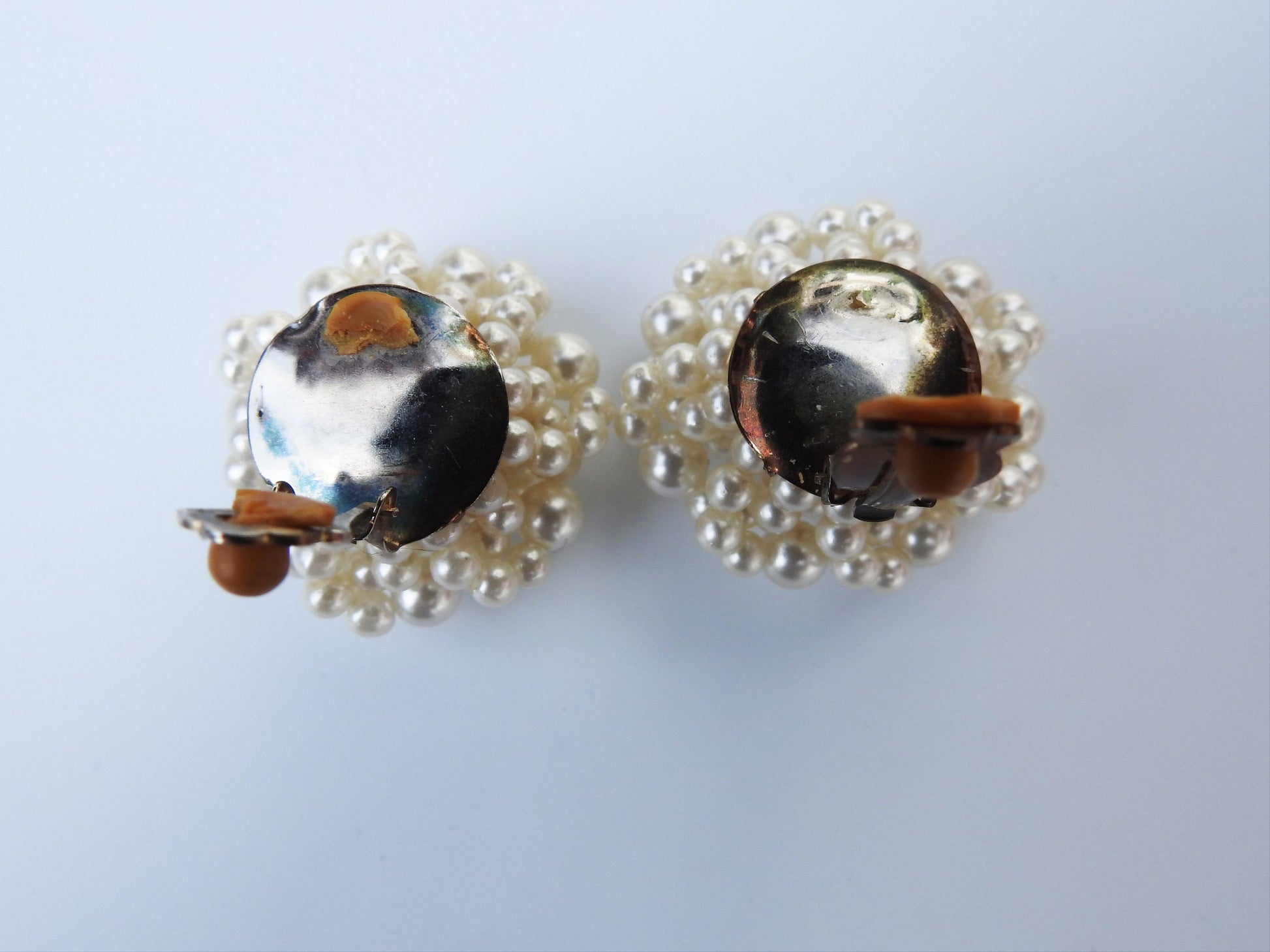 Large pearl cluster clip on earrings, vintage, with faux pearls and old-fashioned charm. Great gift for mom, sister, grandma