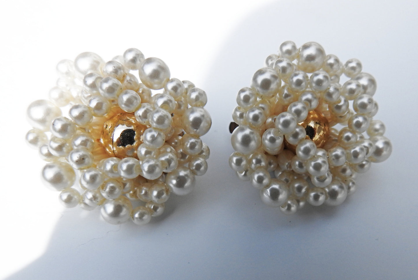 Large pearl cluster clip on earrings, vintage, with faux pearls and old-fashioned charm. Great gift for mom, sister, grandma